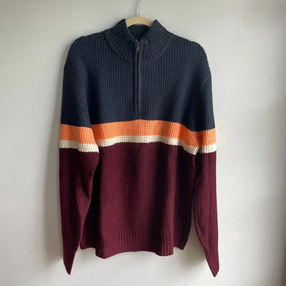 Goodfellow & Co - Men’s Striped Red & Blue Zip-Up Pullover Sweater - Men's XL​